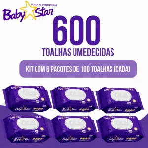 Caixa com 6 Lenços/Toalhas Umedecidas Baby Star Roxa c/ 100 Unidades Cada - Tampa FlipTop | Shopee Brasil