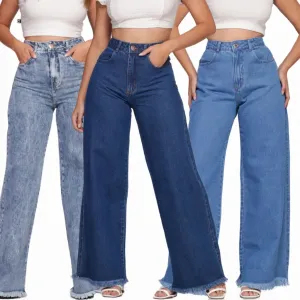 Calça Jeans Feminina Wide Leg Cintura Alta 100% Algodão