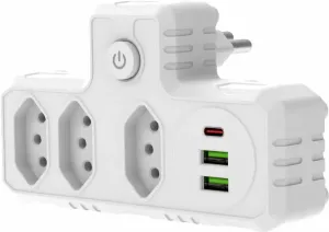 Extensão Tomada, Régua Tomada, Régua de Energia, Adaptador Tomada, 3 Tomadas, 2 Interfaces USB, 1 Porta USB Tipo-C (Branco)