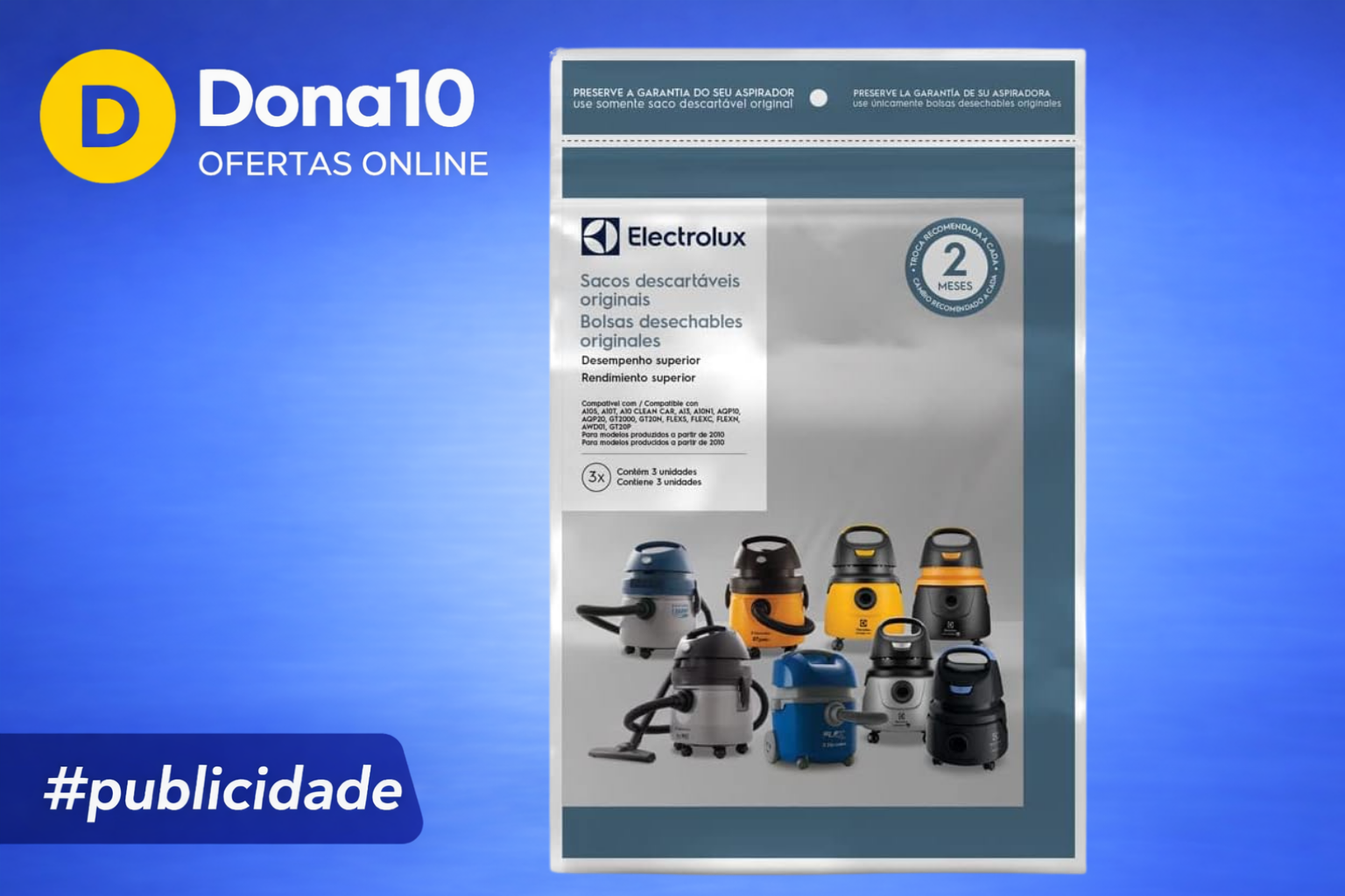 Kit 3 Sacos de aspirador de pó Electrolux (CSE10) - Modelos A10, Acqua Power e Gt2000. Modelos posteriores a 2010
