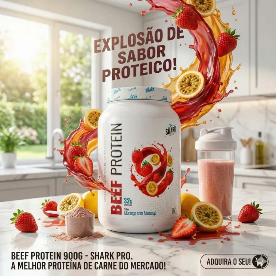 Beef Protein Shark Pro 900g Morango Maracujá Proteína Bovina