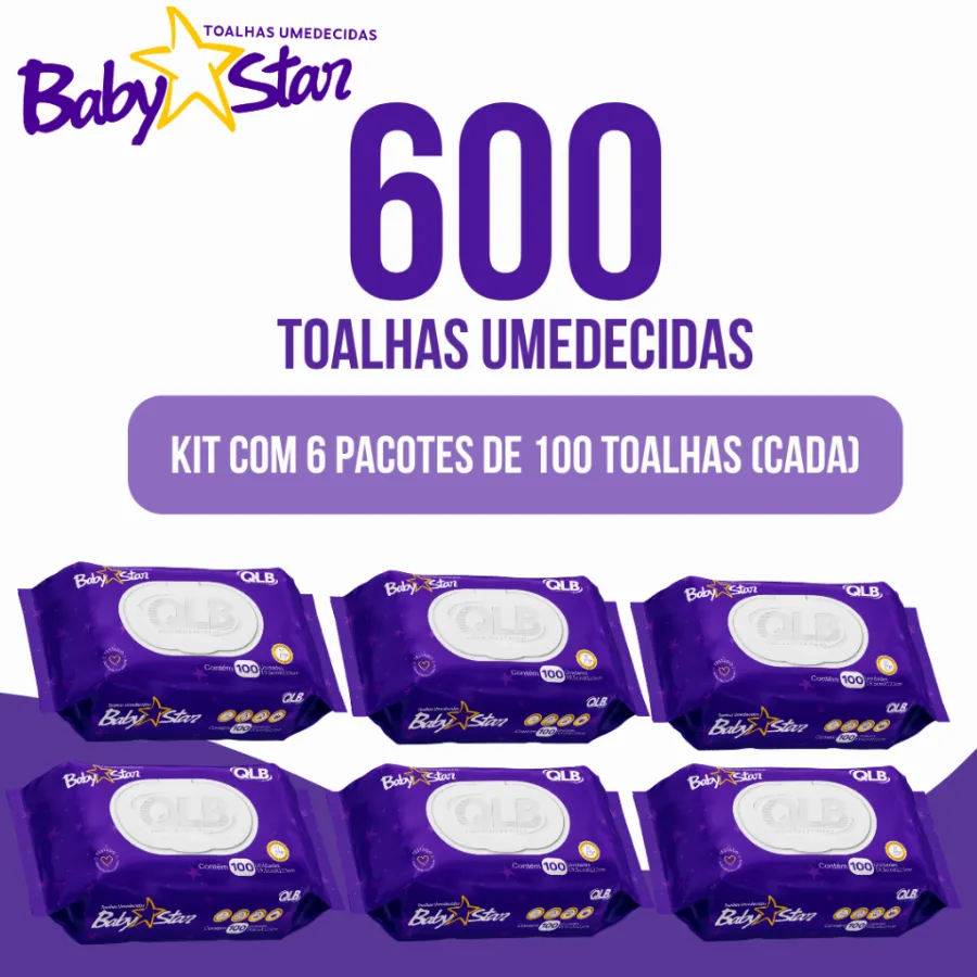 Caixa com 6 Lenços/Toalhas Umedecidas Baby Star Roxa c/ 100 Unidades Cada - Tampa FlipTop | Shopee Brasil