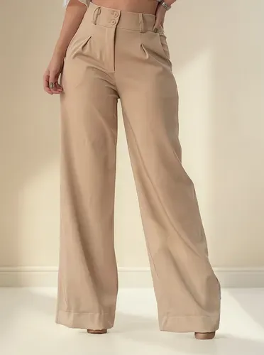 Calça Pantalona Wide Leg Alfaiataria Feminina Cintura Alta