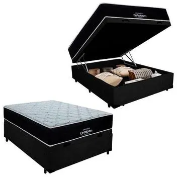 Cama Box Baú Casal Colchão Airtech Antares (138x188x60) Molas Ensacadas - Ortobom - Preto