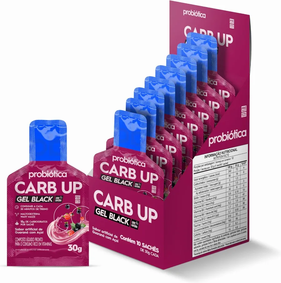Carb Up Black Gel (300g) Caixa 10 unidades - Sabor Açai com Guaraná, Probiótica