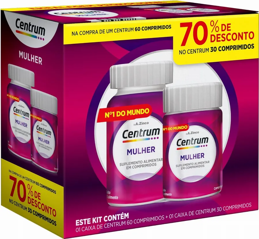 Centrum Mulher Multivitaminico Diário, com Magnésio, Vitamina D e Vitamina B12, Leve 90 Comprimidos e Pague 60