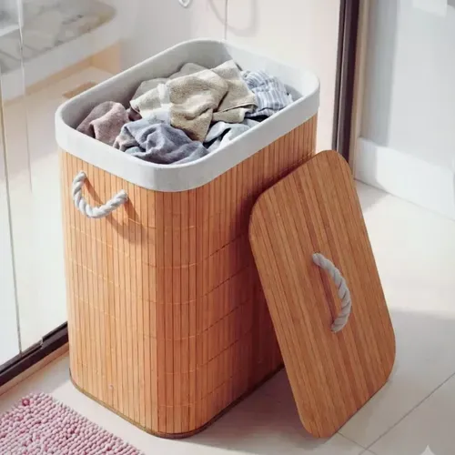 Cesto de Roupa Suja em Bambu 60L com Tampa e Forro Interno