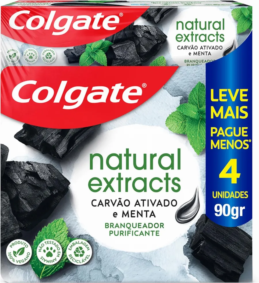 Colgate Creme Dental Clareador Natural Extracts Carvão Ativado 90g, 4 Unidades, Clareamento Dental com Extratos Naturais, Sorriso Mais Branco