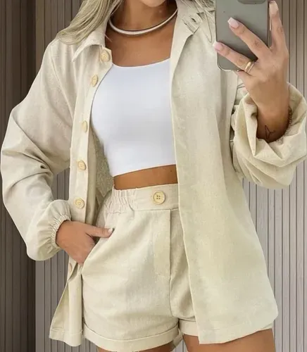 Conjunto Feminino Linho Camisa e Short Premium Elegante