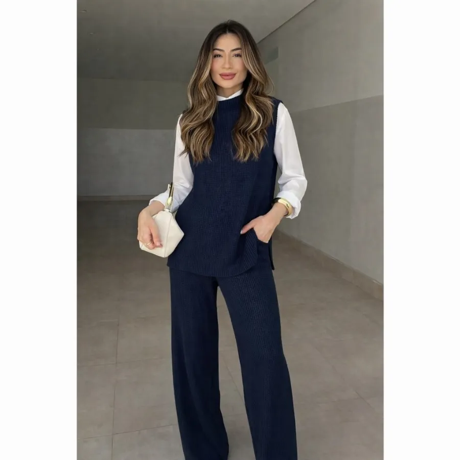 Conjunto Feminino Tricot Colete Sem Manga e Calça Wide