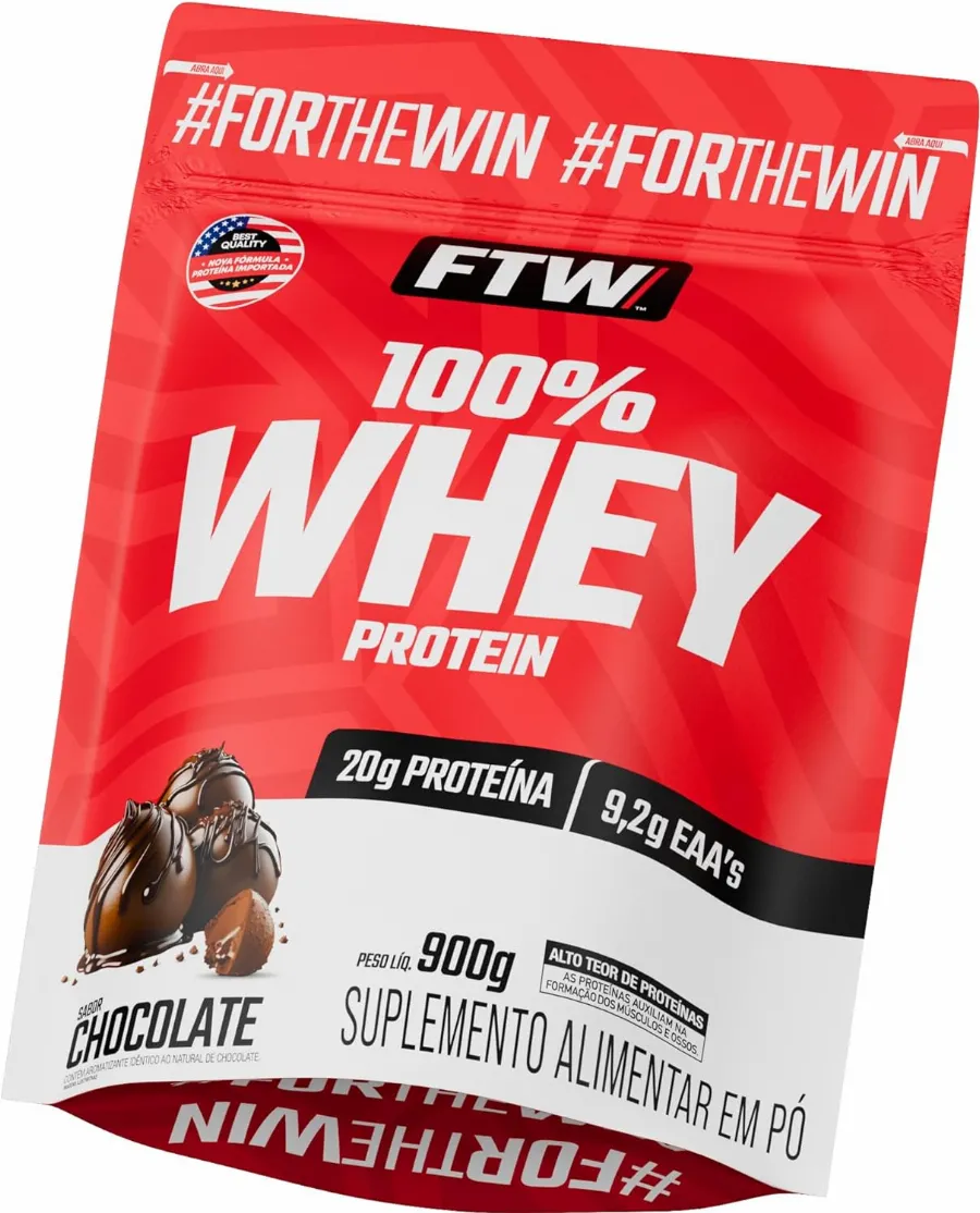 FTW 100% Whey Protein com Proteína Concentrada WPC, Suplemento Alimentar Pós-Treino em Pó com Fonte de Proteína do Soro do Leite, Alto Valor Biológico, Sem Glúten – Refil 900g (Chocolate)