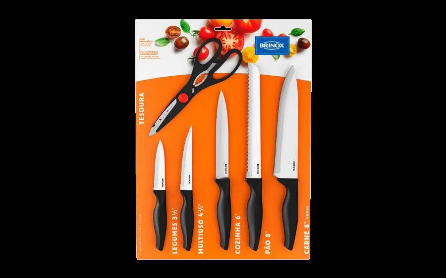 Jogo de Facas Brinox Cross 6 Peças Aço Inox com Tesoura