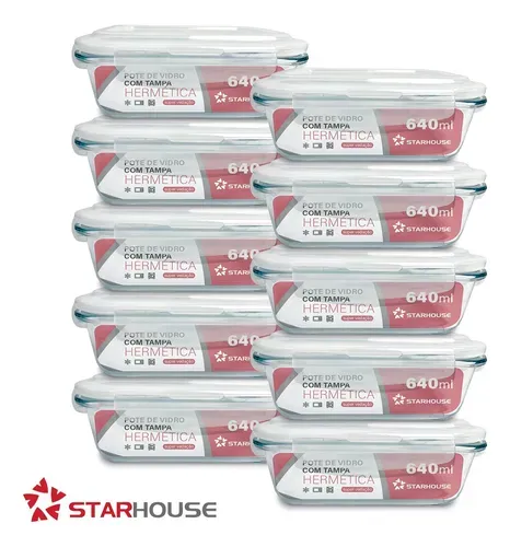 Kit 10 Potes de Vidro Hermético 640ml com Tampa Anti Vazamento