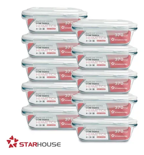 Kit 10 Potes de Vidro Herméticos 370ml Marmita Refratária com Tampa