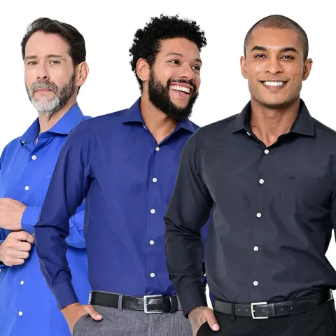 Kit 3 Camisas Social Masculina Lisa Manga Longa Regular Fit