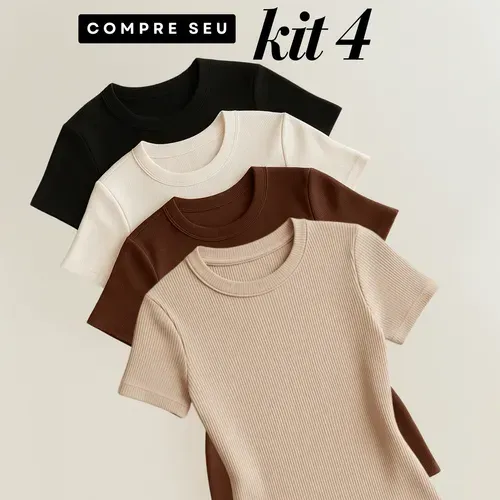 Kit 4 Blusas Femininas Baby Tee Ribana Manga Curta Básica Casual