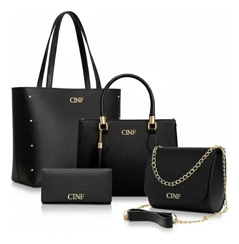 Kit Bolsas Femininas 4 Peças Sacola Transversal Carteira Preta