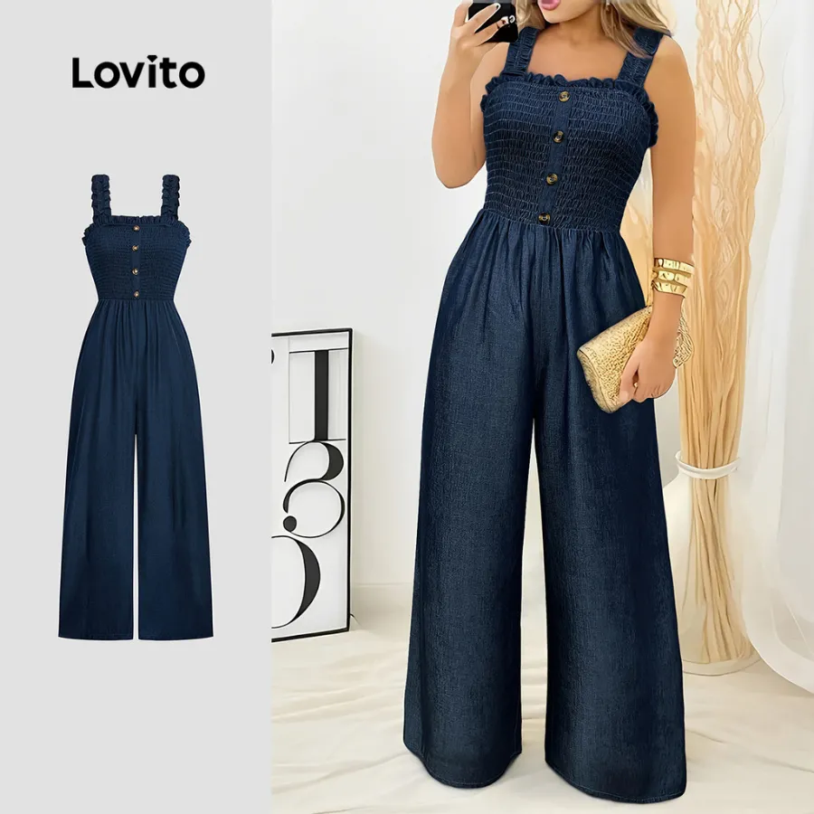 Macacão Lovito Azul Smocked Casual com Botões Primavera Verão