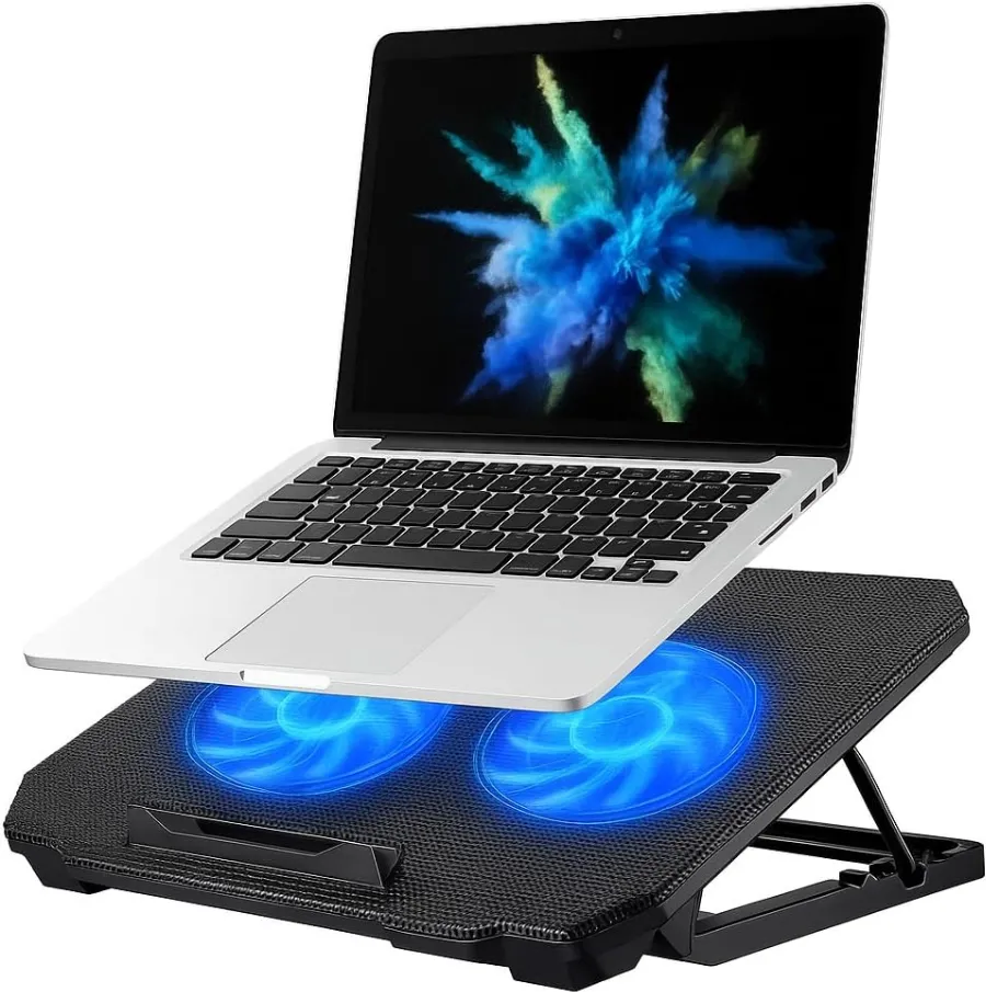 Suporte Para Notebook Com Cooler Duplo Silencioso Com 8 Níveis de Ajuste Ergonômico, Saída USB Adicional e Iluminação Interna Base Para Notebook de Até 17 Polegadas