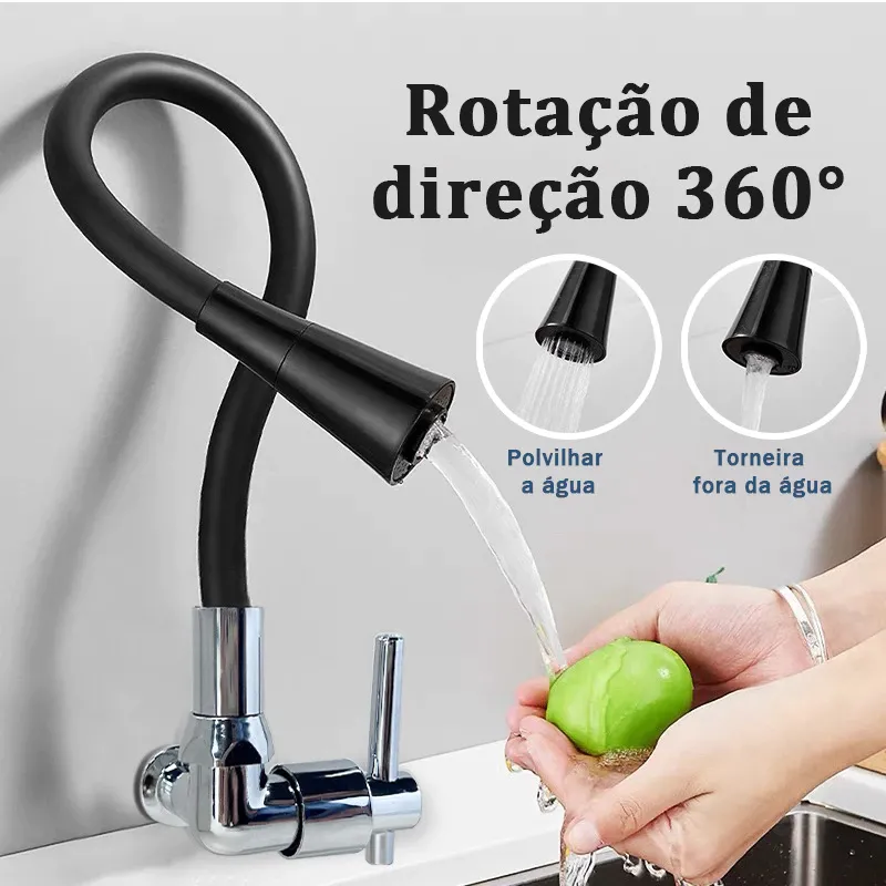 Torneira Cozinha Parede Flexível Preta Duplo Jato 360° Arejador