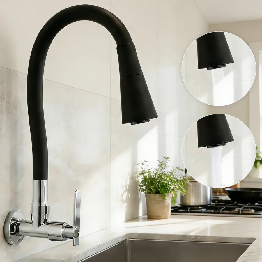 Torneira Gourmet Flexível Preta Parede Double Jet 360°