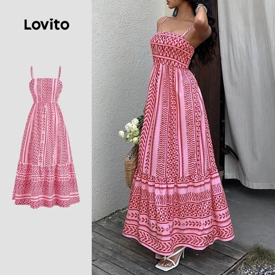 Vestido Boho Longo Lovito Rosa com Babados Primavera Verão