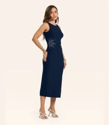 Vestido Midi Feminino Endless Azul em Viscose Creponada